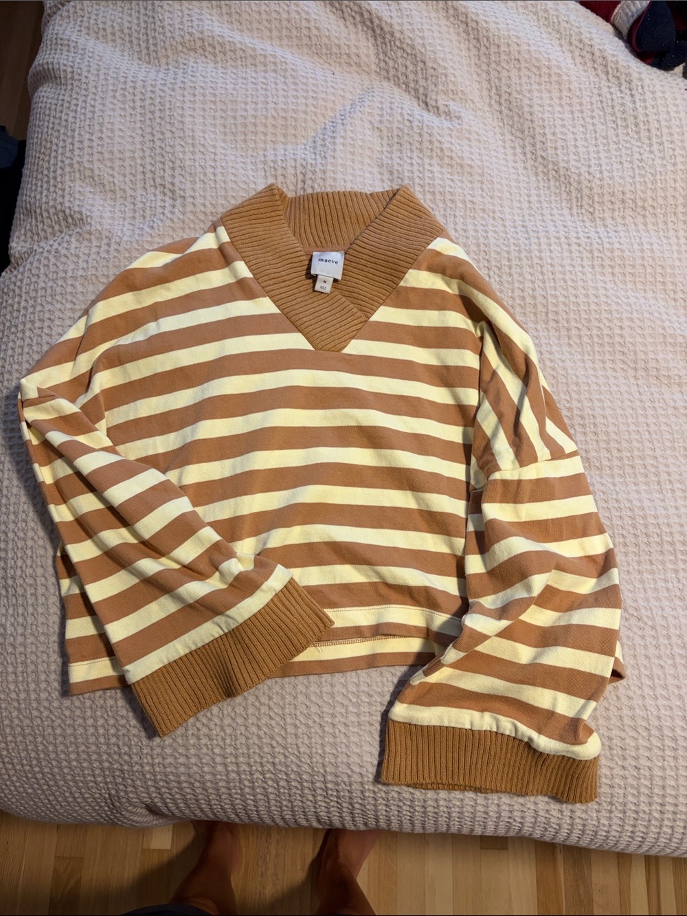 Anthropologie Maeve Striped V-Neck Sweater in Mustard & Cream